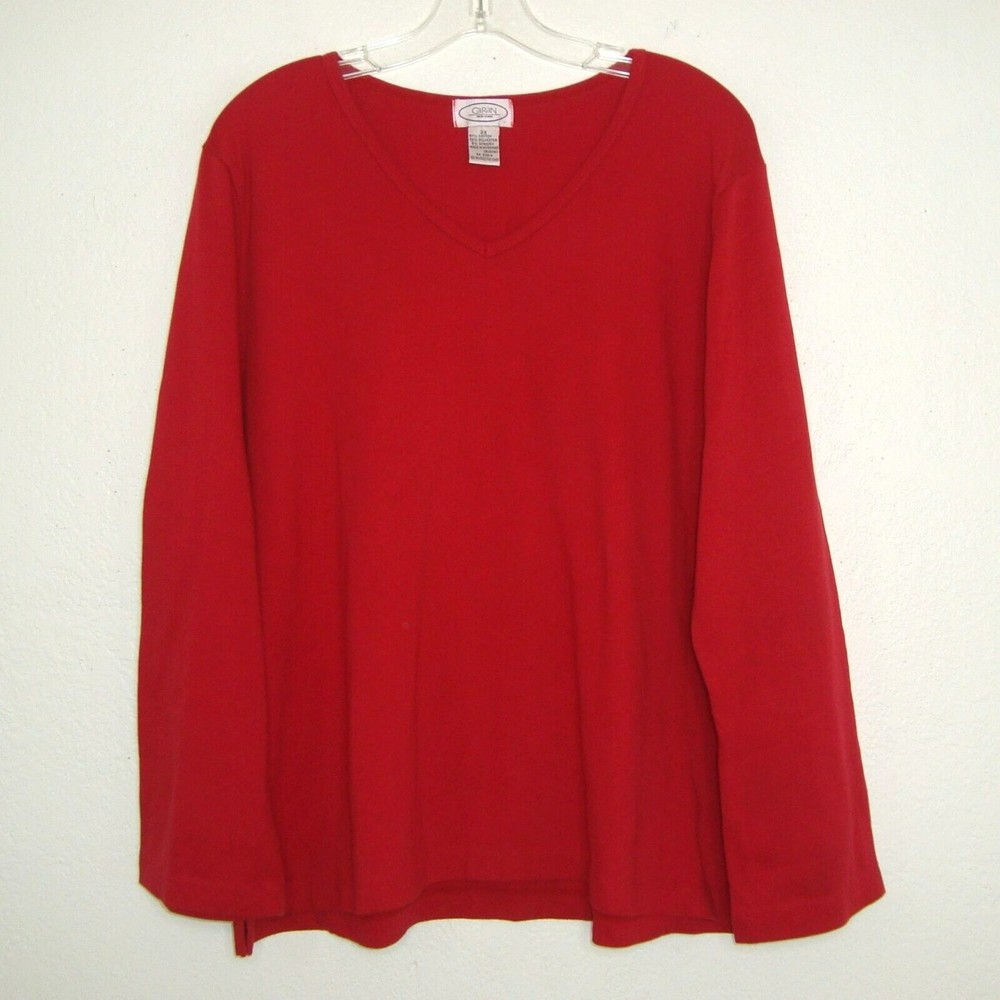 CARAN New York Red V-Neck Side Cut Out Long Sleeve Top Size 3X